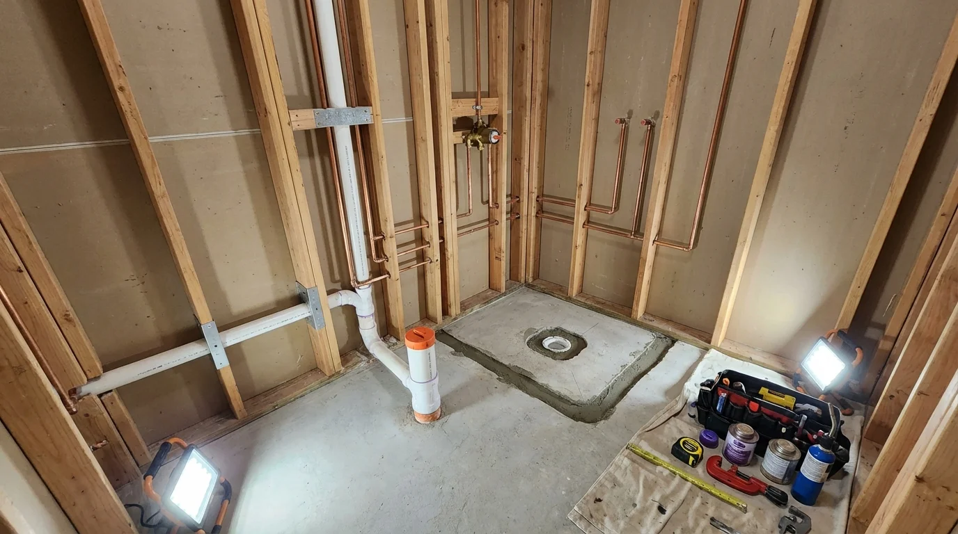 Bathroom rough-in plumbing during remodel by Johns Plumbing LLC in Hartland