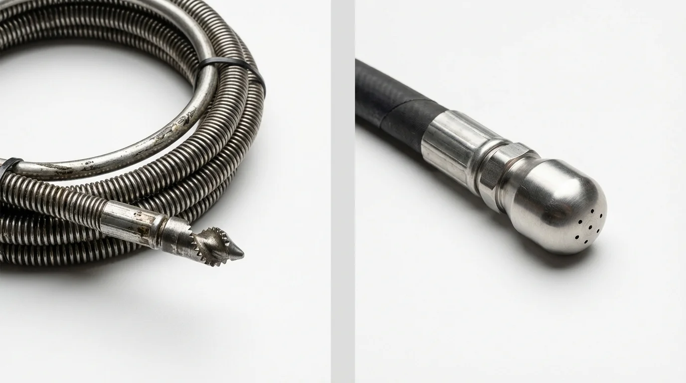 Drain snake cable and hydro jetting nozzle used for drain cleaning in Hartland, WI