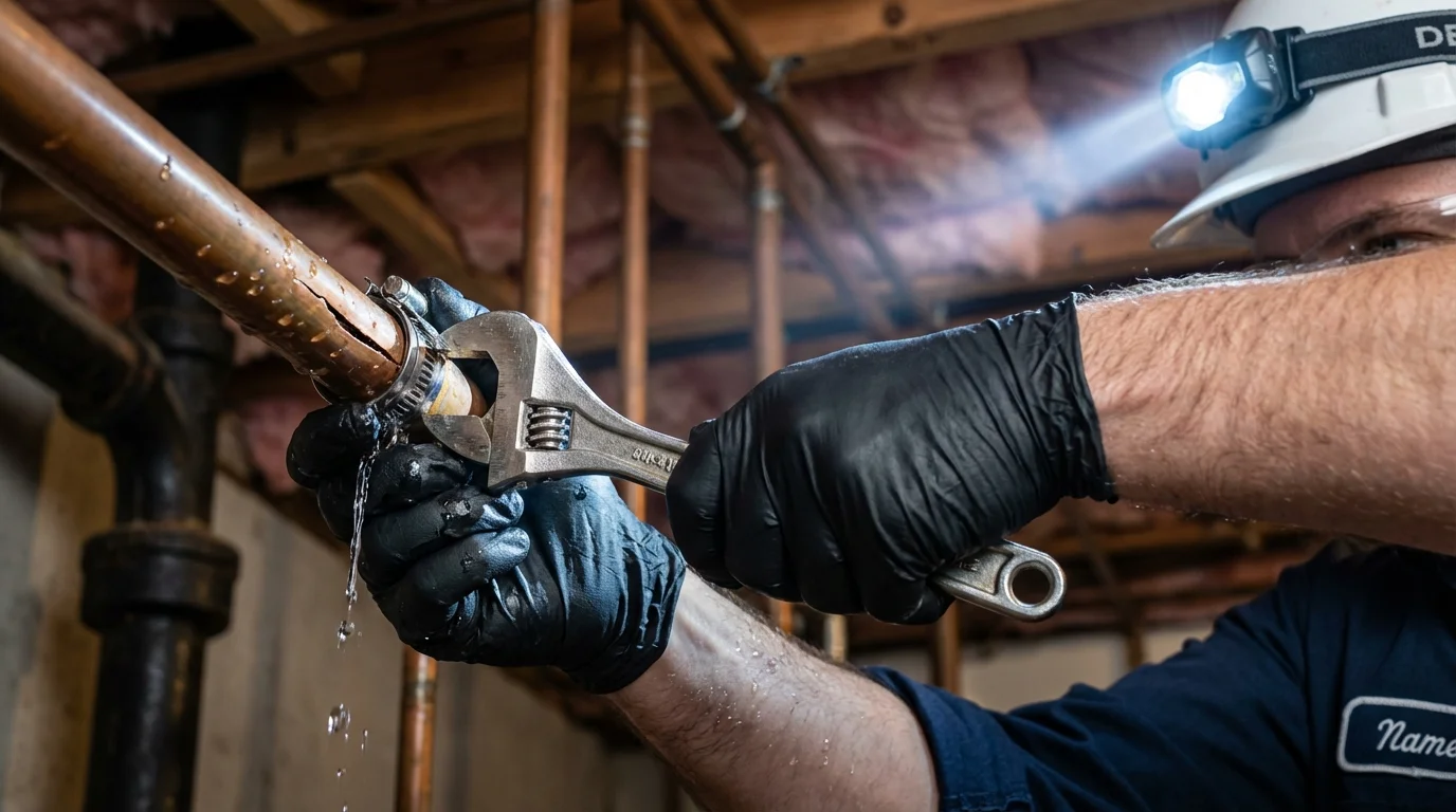 Emergency pipe clamp repair being performed by a Johns Plumbing LLC plumber in Hartland