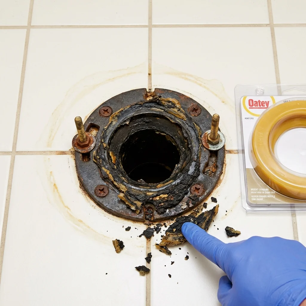 Failed wax ring showing water seepage at the base of a toilet in a Hartland, WI home