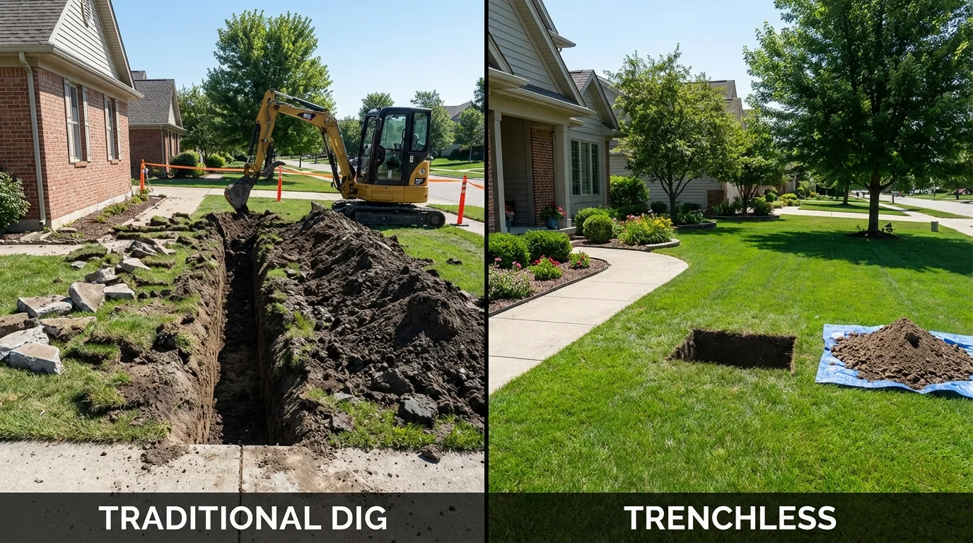Trenchless sewer repair with minimal yard damage versus traditional excavation in Hartland, WI