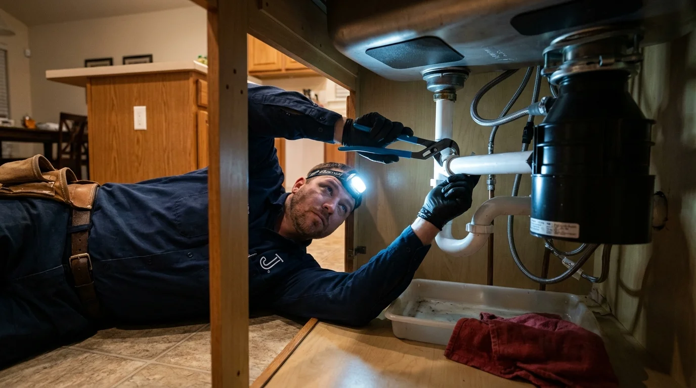 P-trap and supply line connections under a kitchen sink showing a common leak point in Hartland, WI